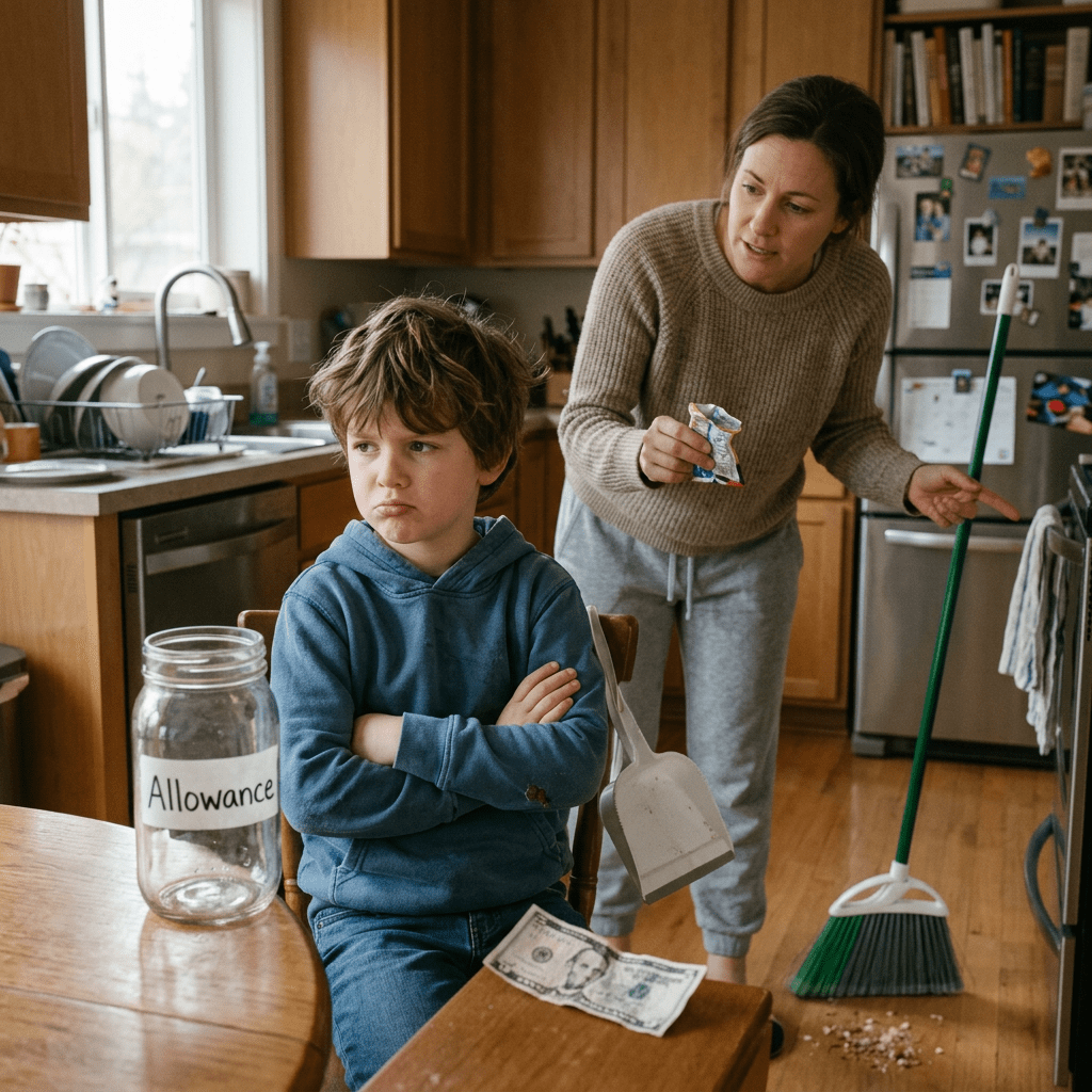 Young boy sitting at kitchen table with crossed arms and money, woman holding dustpan and broom pointing