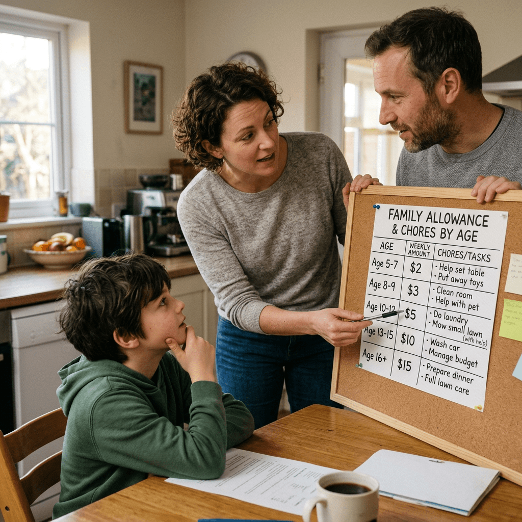 Mother showing a family allowance and chores chart to her son