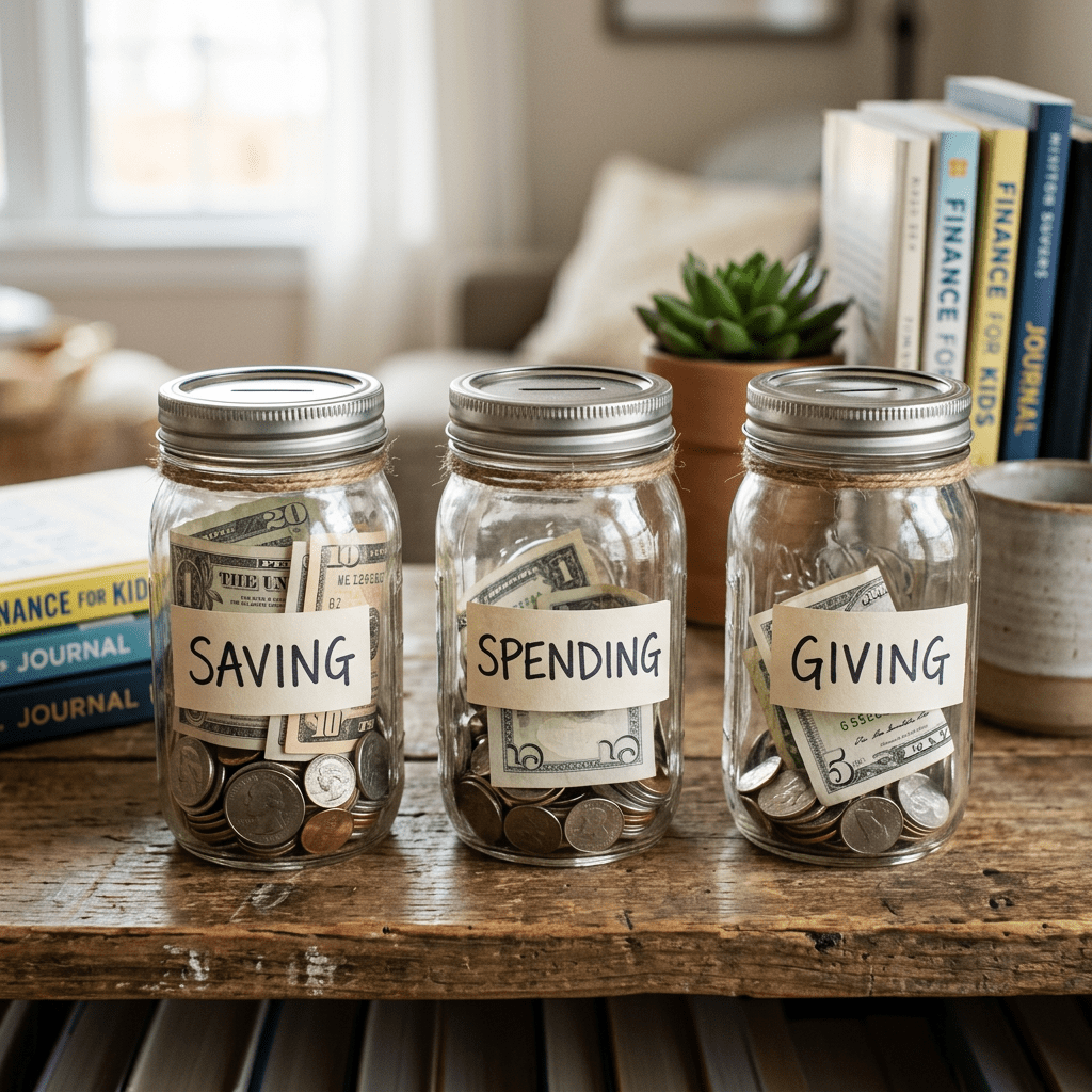 Three glass jars labeled 'Saving', 'Spending', and 'Giving' filled with cash and coins