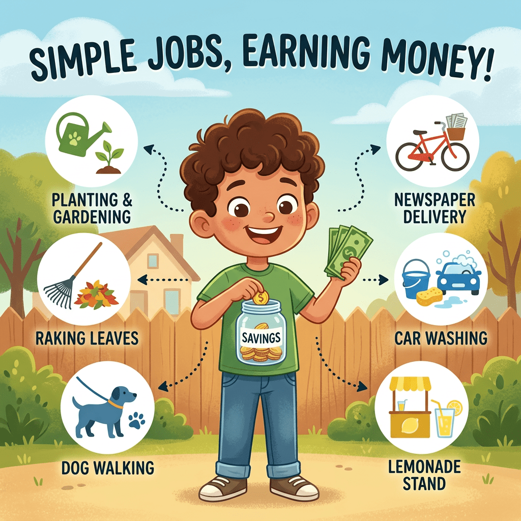 Child holding money and savings jar with simple job ideas around